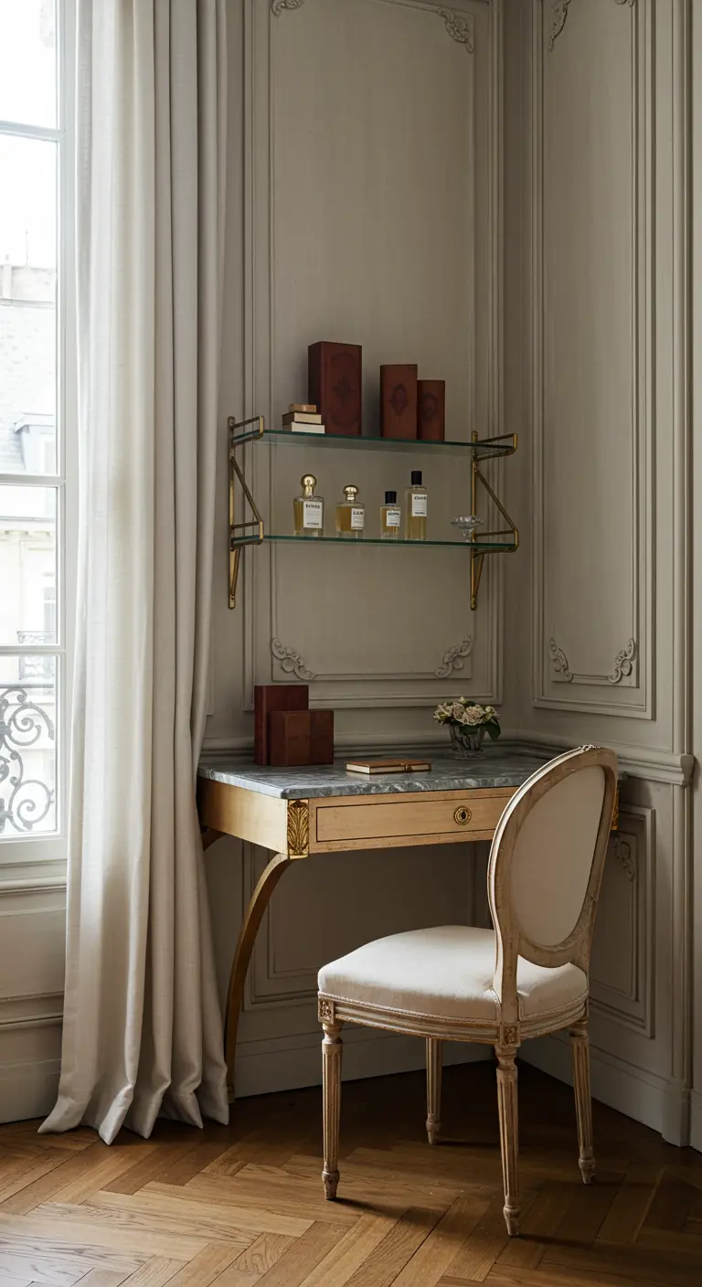 Rincón de trabajo de estilo parisino con consola flotante, molduras en la pared y silla clásica.