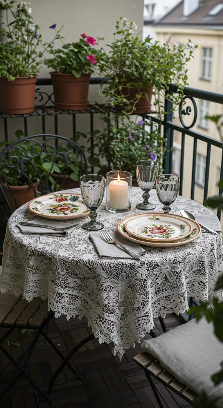 Pequeña mesa redonda en un balcón con mantel de encaje y vajilla floral vintage.