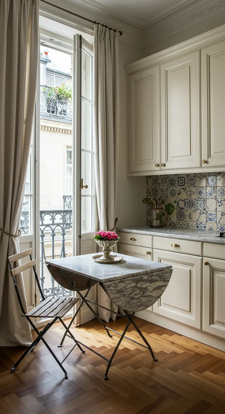 Pequeña mesa plegable con tablero de mármol y silla de metal junto a una ventana en París.