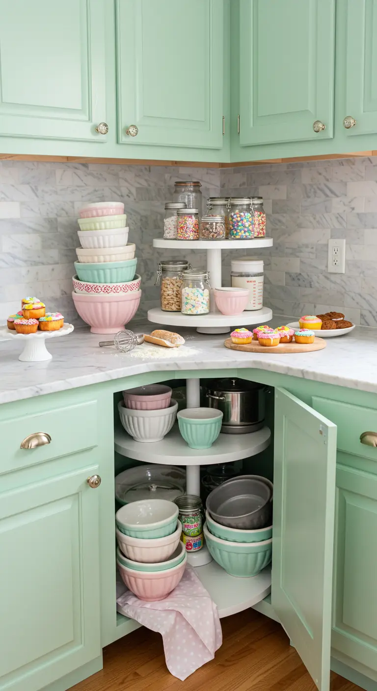 Cocina verde menta con estantes giratorios blancos llenos de boles de repostería de colores pastel.
