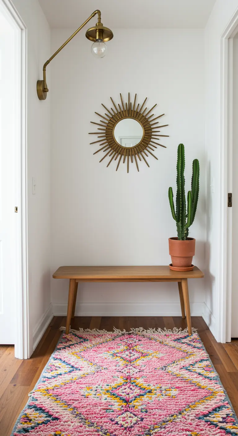 Entrada pequeña y vibrante con alfombra rosa, banco de madera y espejo sol dorado.