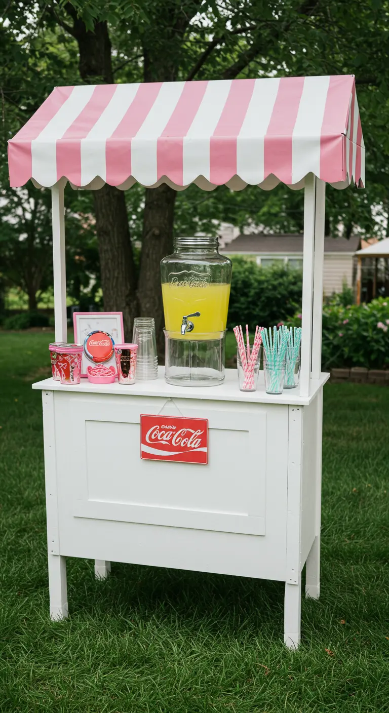 Puesto de limonada blanco con un toldo a rayas rosas y blancas de estilo retro.