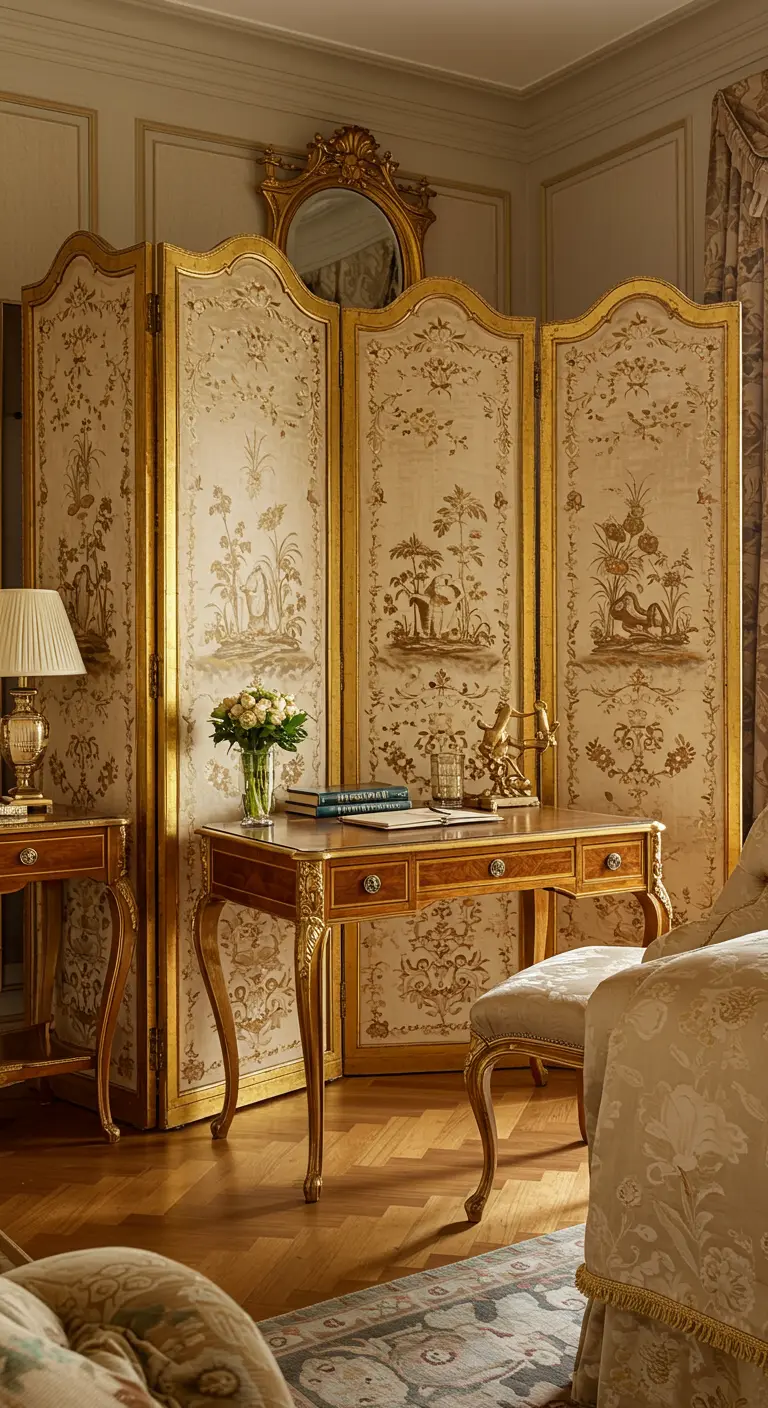 Rincón de trabajo de estilo rococó con un biombo ornamentado en tonos crema y dorados.