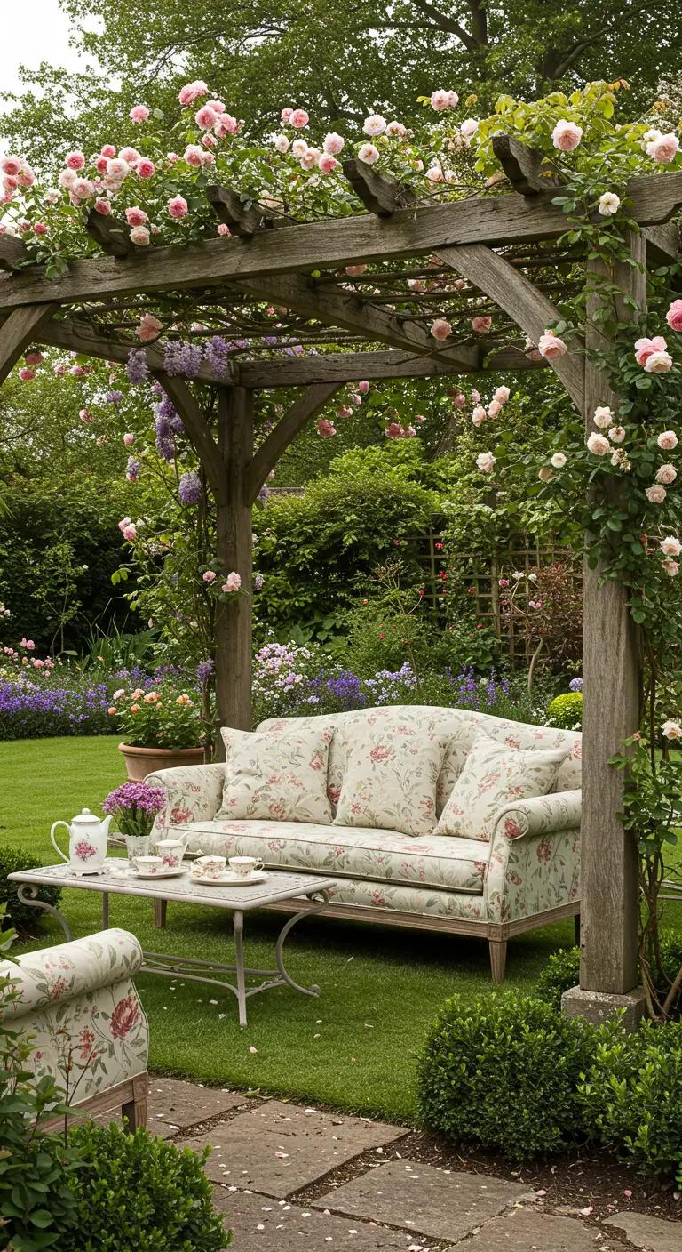 Pérgola de madera cubierta de rosas con un sofá de estampado floral.