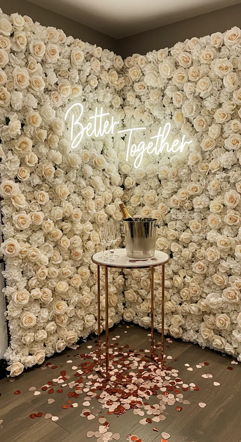 Fotomatón de boda con pared de rosas blancas, letrero de neón y confeti de corazones.
