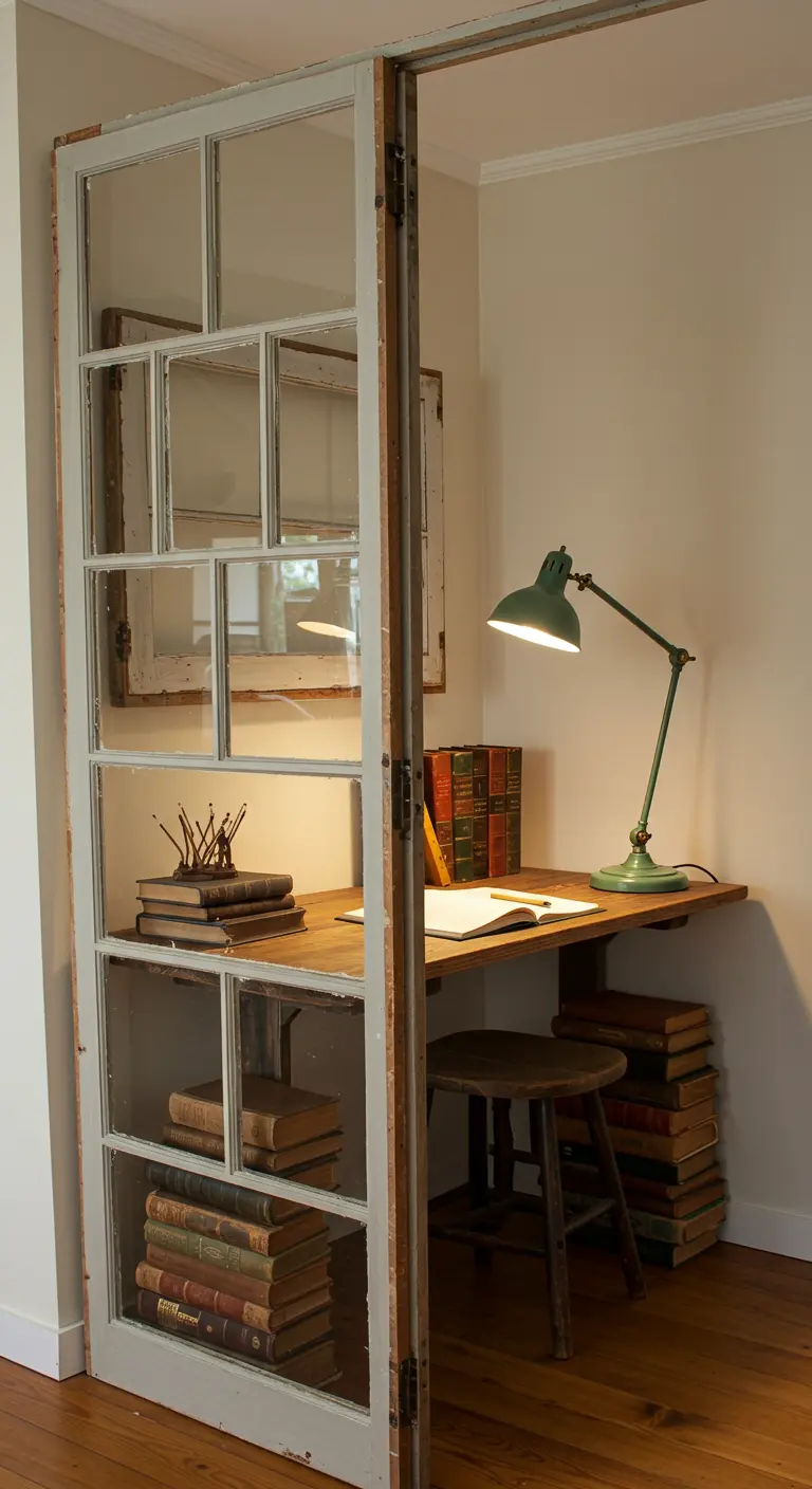 Pequeño estudio en un nicho, separado del resto del espacio por una gran ventana de madera recuperada.