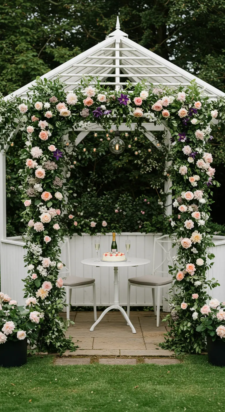 Cenador blanco decorado con un arco de rosas para una celebración de cumpleaños íntima.