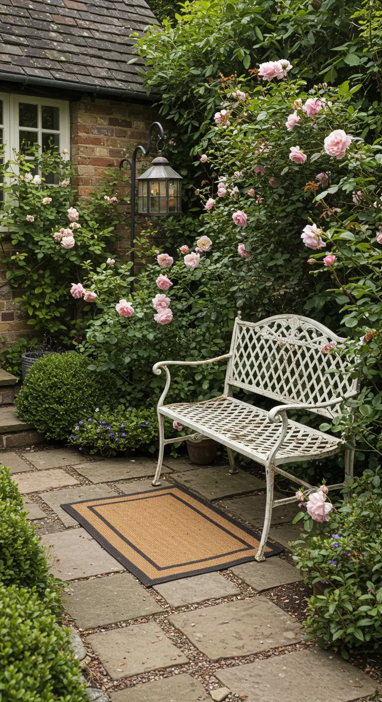 Jardín de estilo inglés con un banco blanco antiguo rodeado de rosales y un farol clásico.