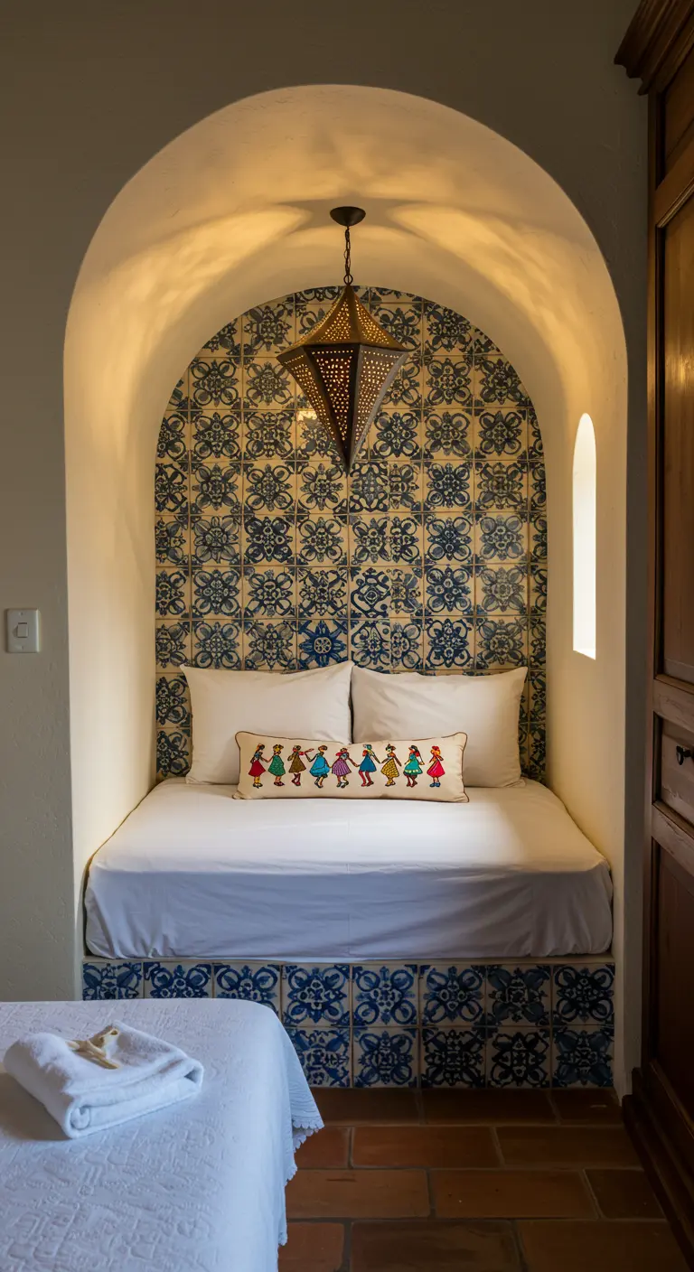 Rincón de lectura en un arco de pared cubierto de azulejos de talavera azul y blanco.