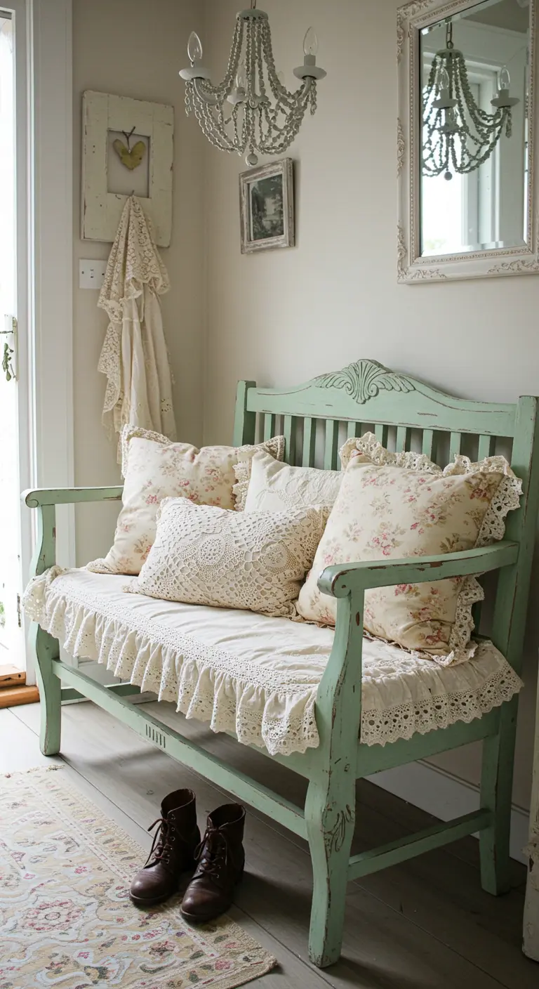Banco de madera pintado en verde menta con cojines florales y de crochet, en un ambiente shabby chic.