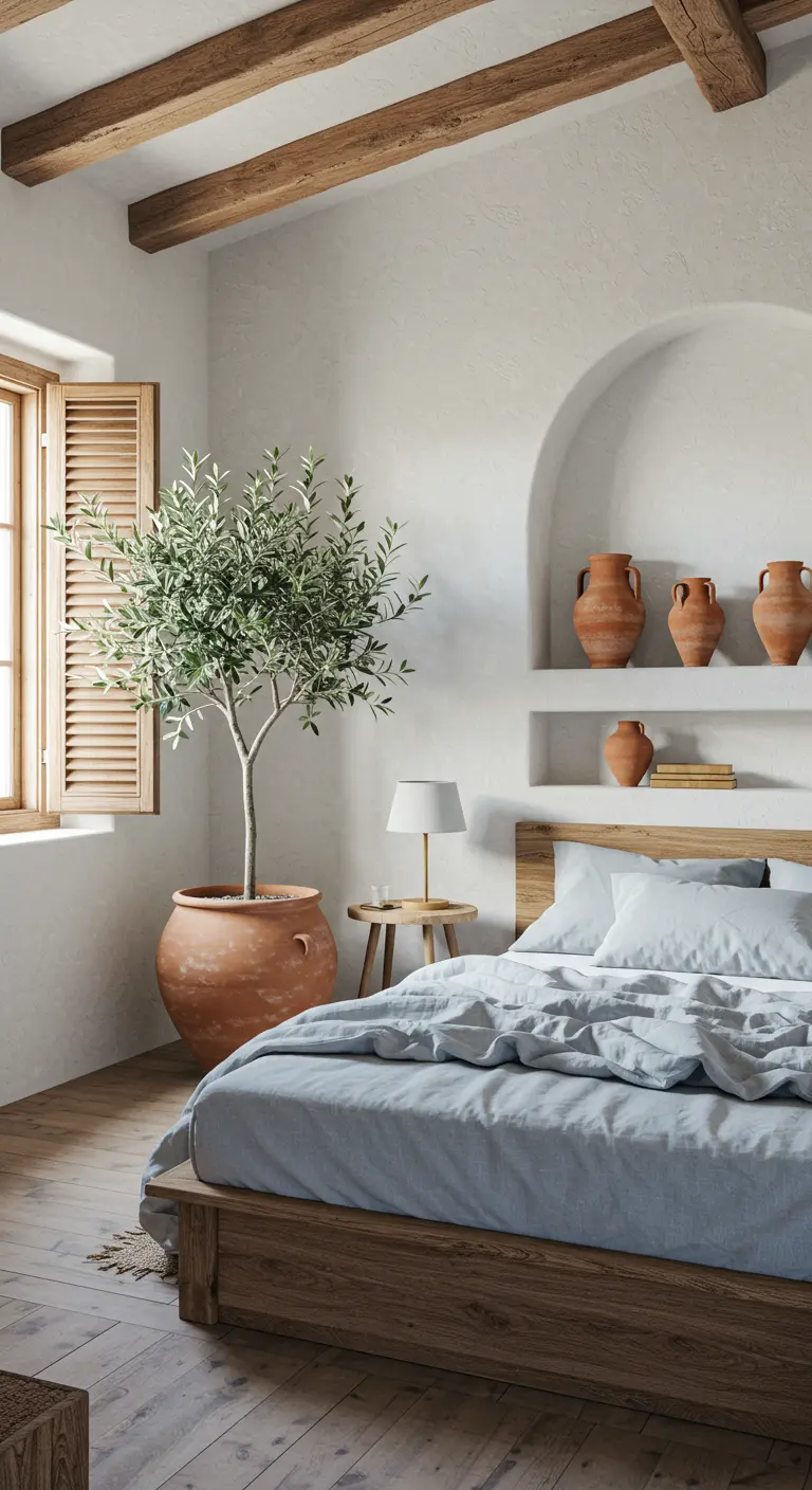 Dormitorio de estilo mediterráneo con paredes encaladas, un olivo y vasijas de terracota.