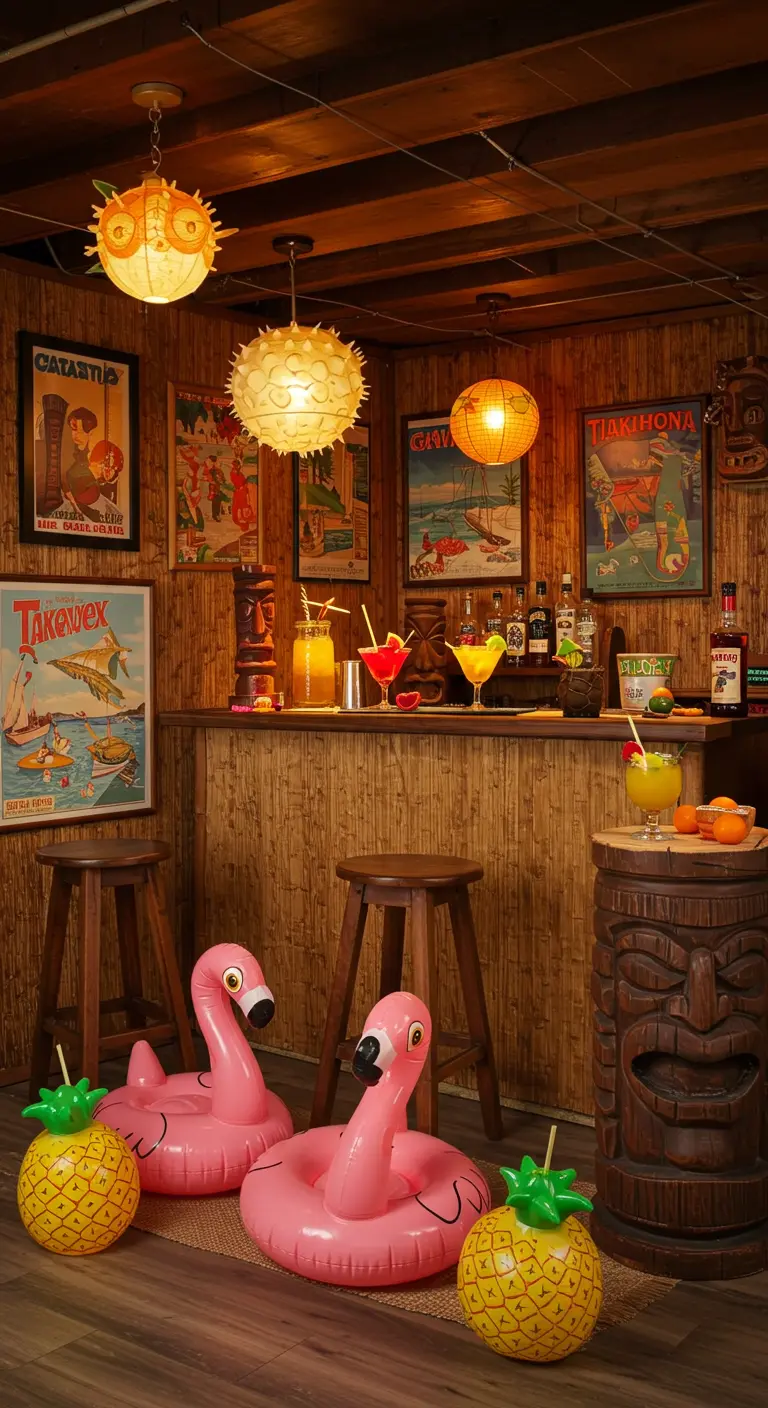 Bar casero de estilo tiki con paredes de bambú, carteles retro y flamencos inflables.