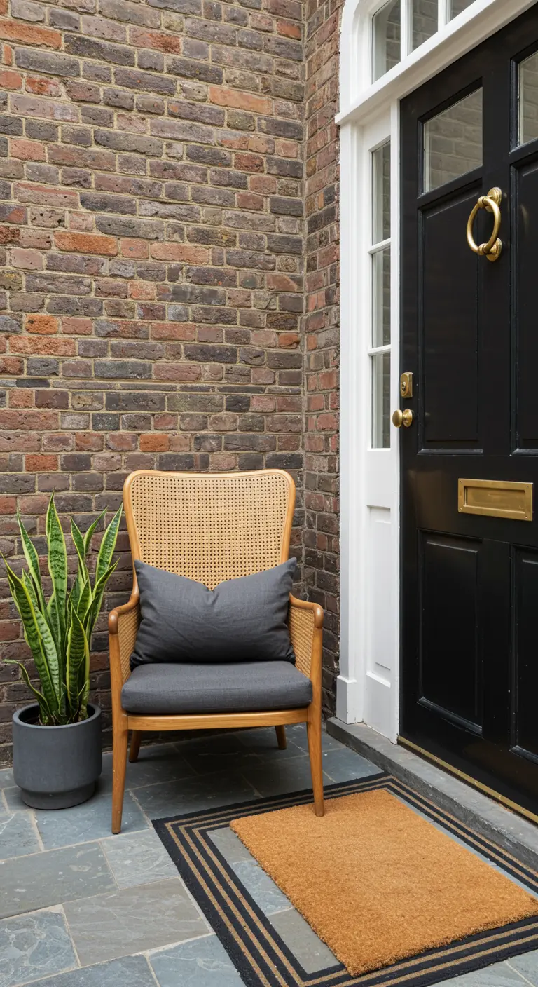 Entrada urbana con pared de ladrillo, silla de caña con cojín gris y una planta Sansevieria.