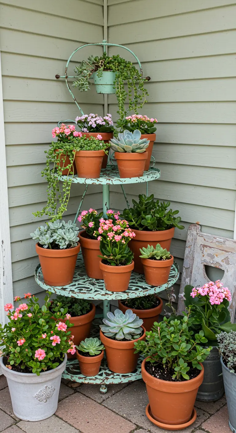 Estantería esquinera de metal verde menta llena de macetas de terracota con suculentas.