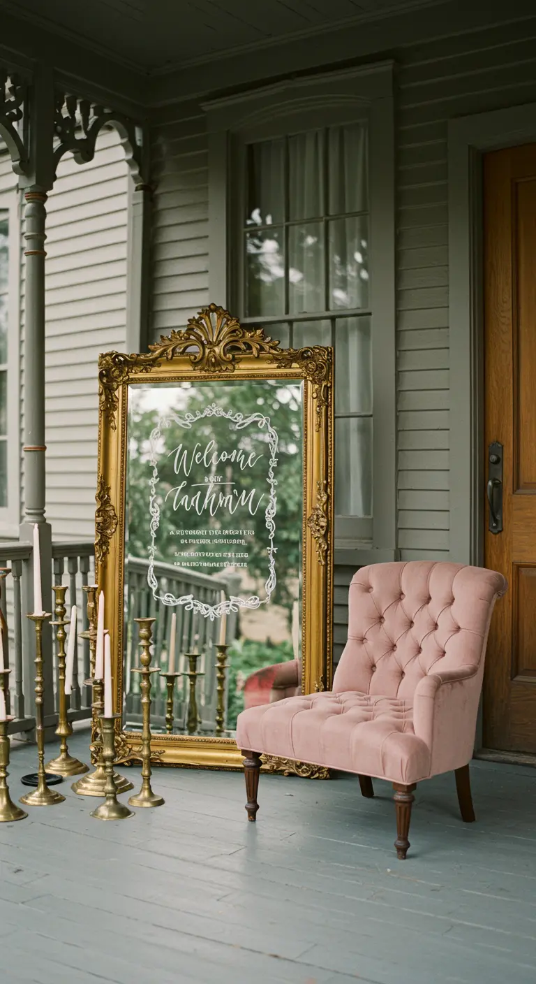 Esquina de un porche con un gran espejo dorado con caligrafía, una butaca de terciopelo rosa y candelabros.