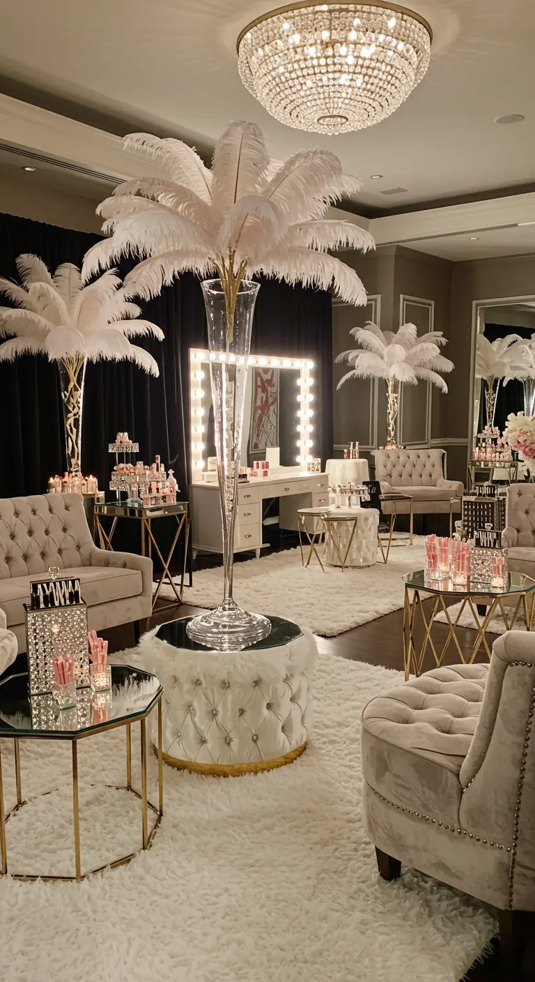 Zona lounge de una fiesta con sofás de terciopelo, espejos de camerino y centros de mesa con plumas.