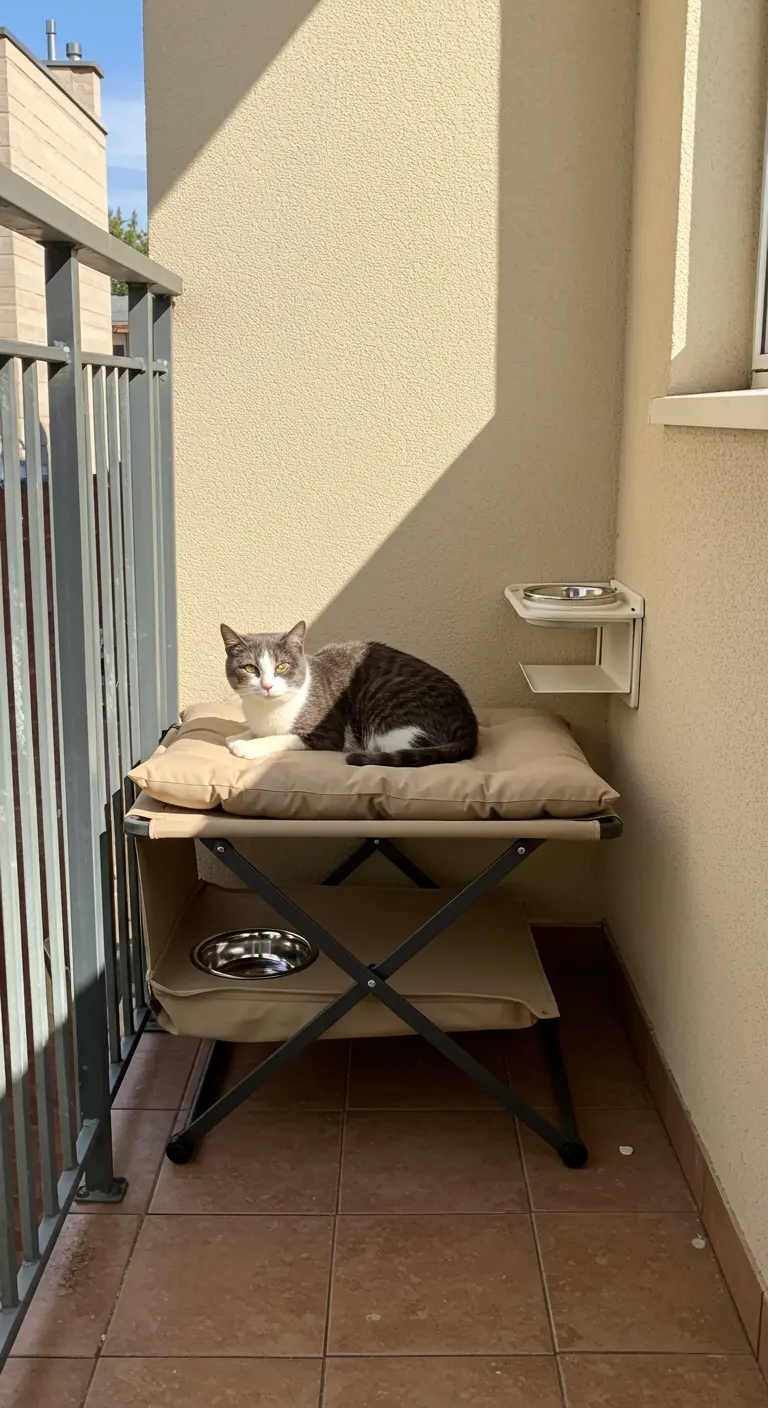 Gato descansando sobre una cama plegable para mascotas en un rincón soleado del balcón.