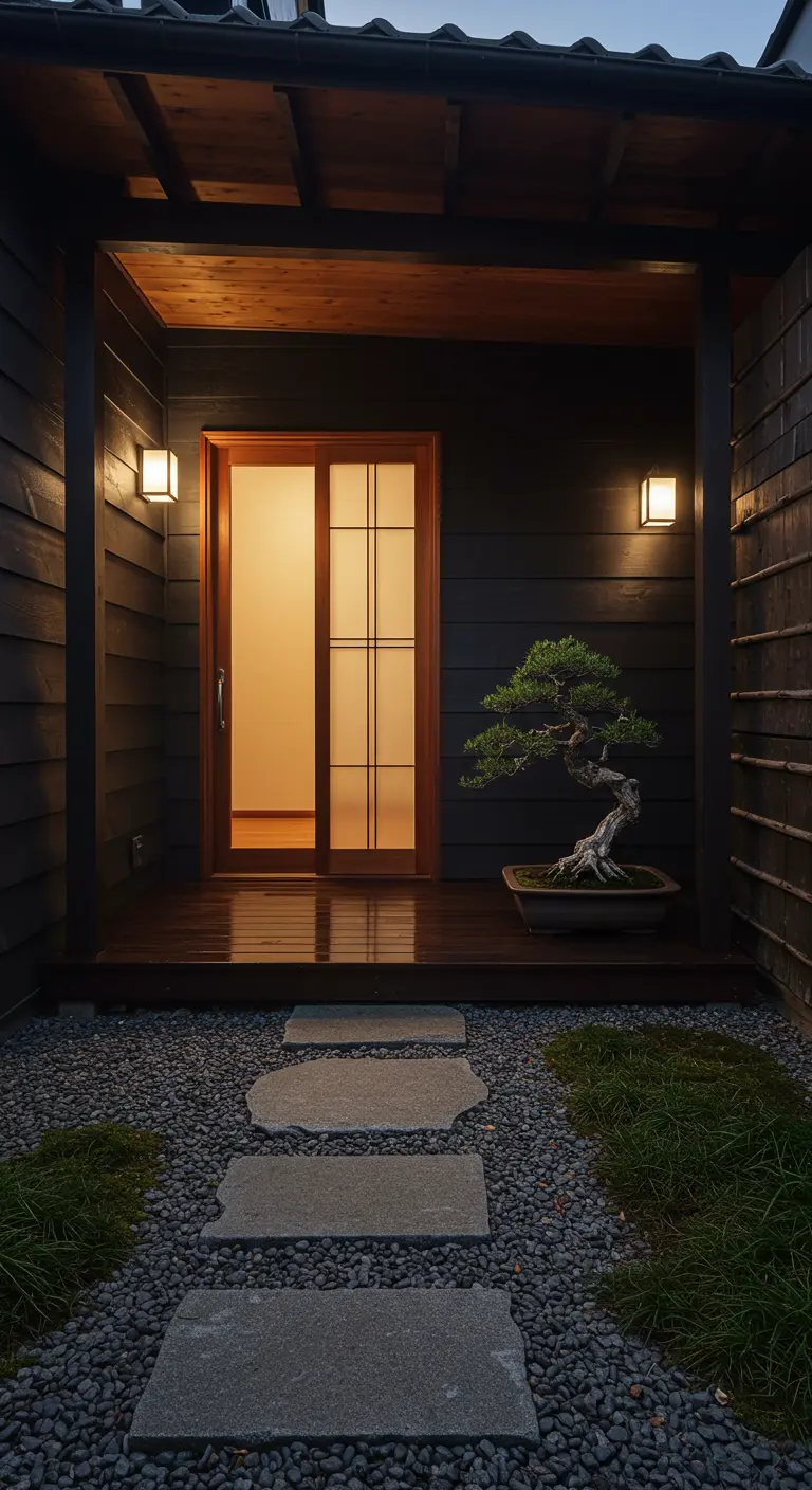 Entrada de inspiración japonesa con un bonsái, camino de losas de piedra sobre grava y luces cálidas.