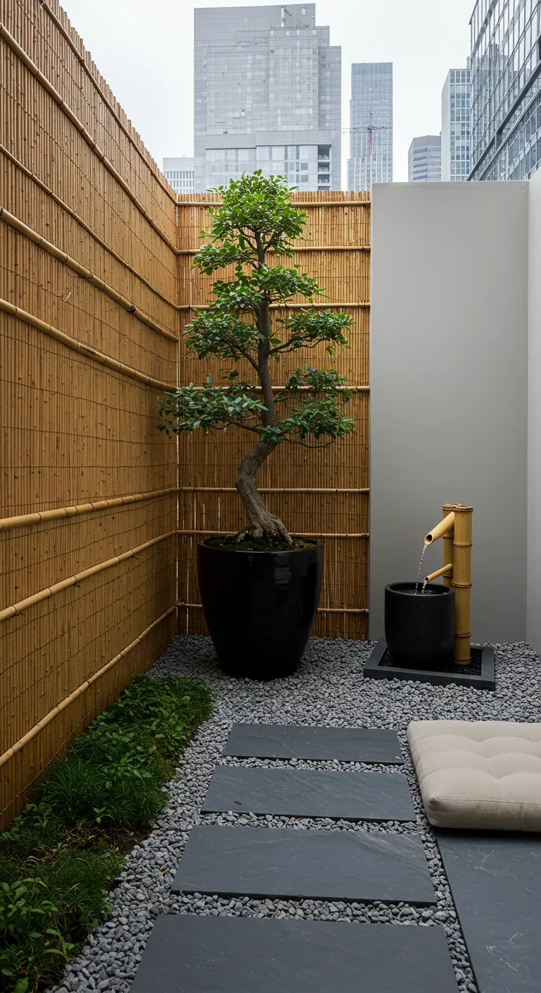 Balcón de estilo zen con valla de bambú, bonsai, fuente de agua y suelo de grava y losas.