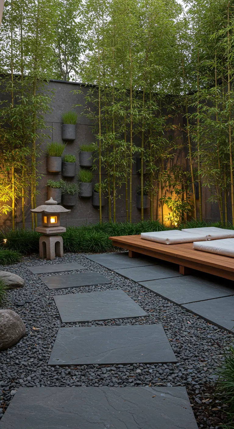 Jardín zen con bambú, sendero de pizarra y una linterna de piedra japonesa.