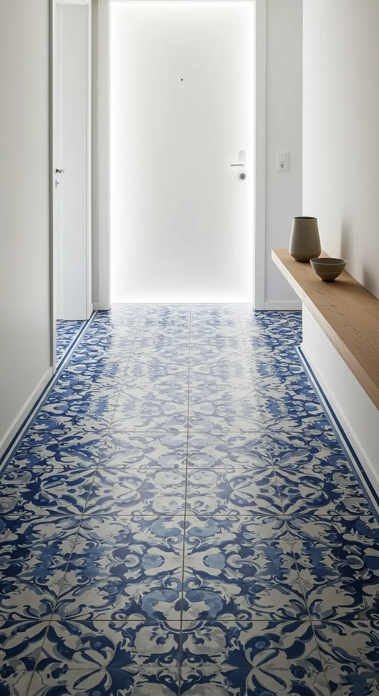 Pasillo minimalista con un suelo completamente cubierto de baldosas hidráulicas de patrón floral.