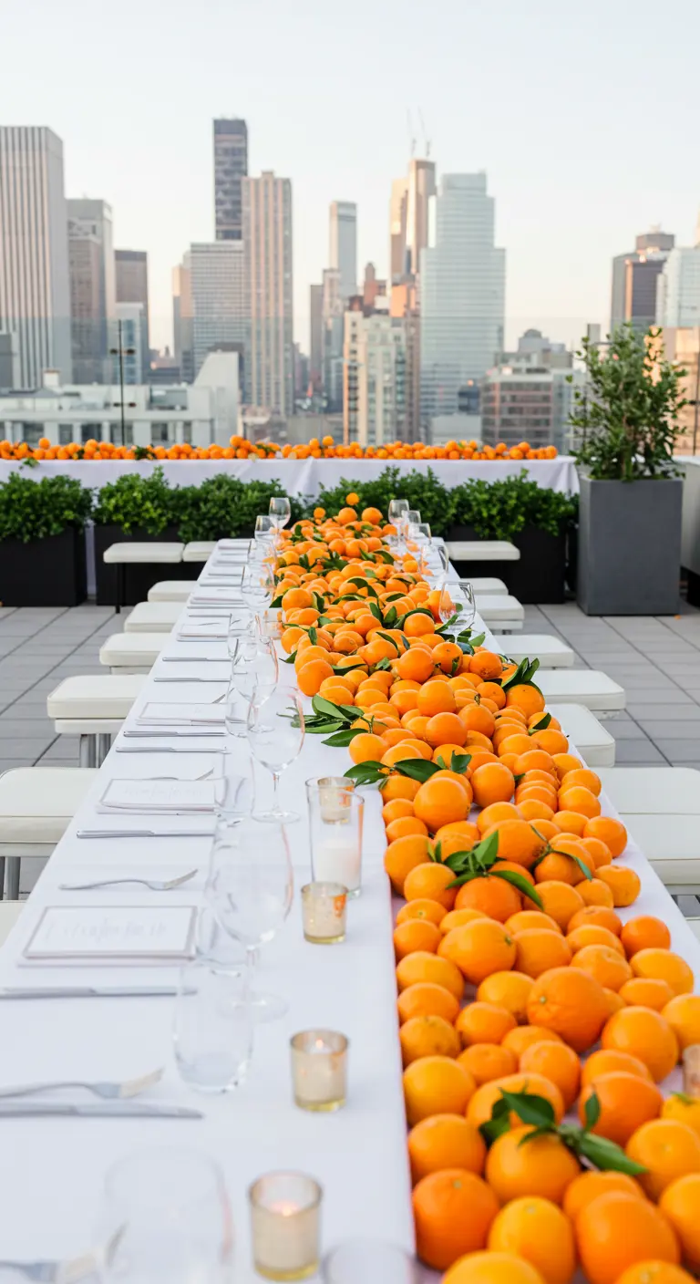 Larga mesa blanca en una azotea con un camino central hecho de cientos de mandarinas.