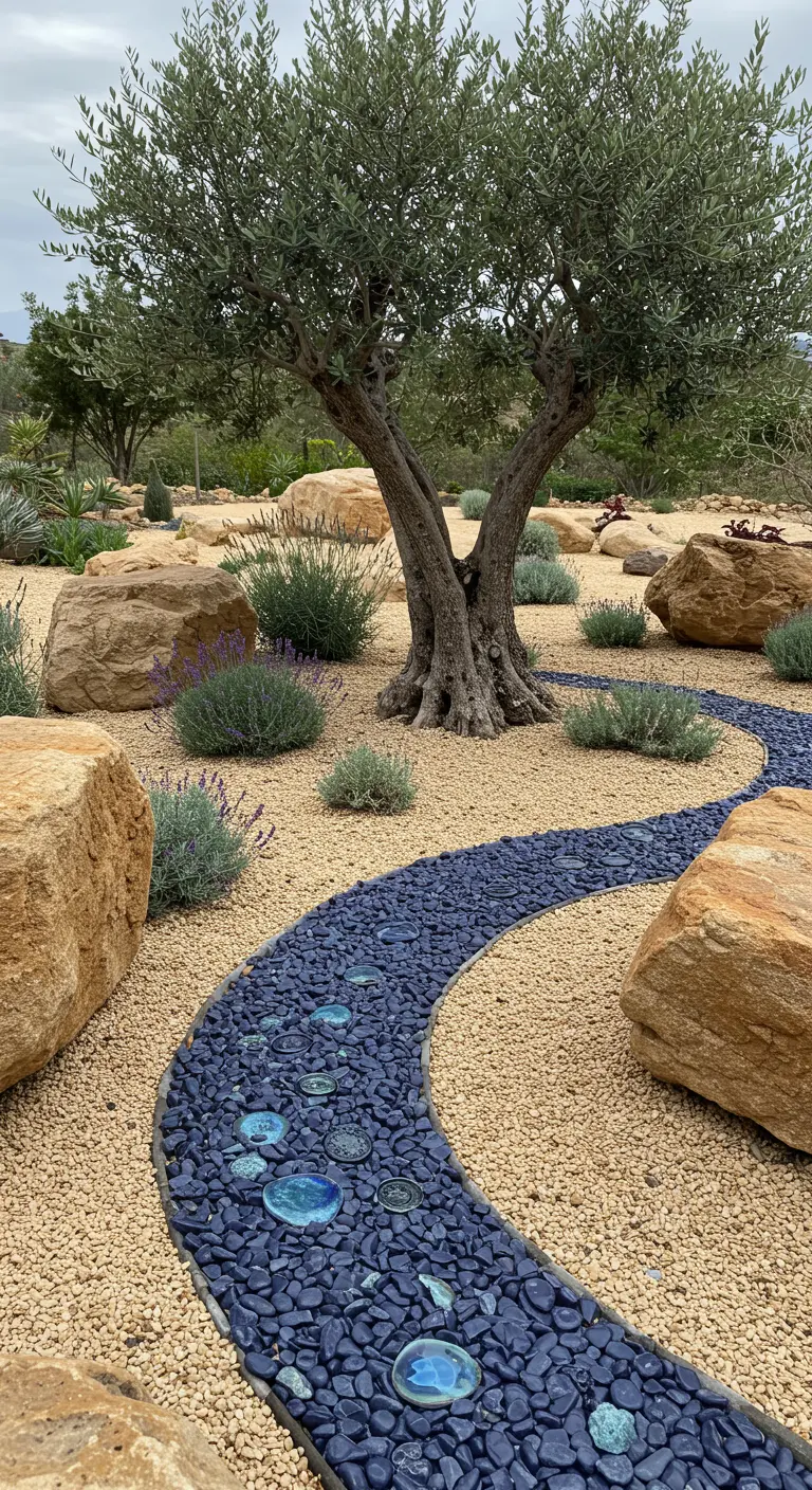 Jardín de estilo desértico con un camino sinuoso hecho de gravilla de cristal azul oscuro