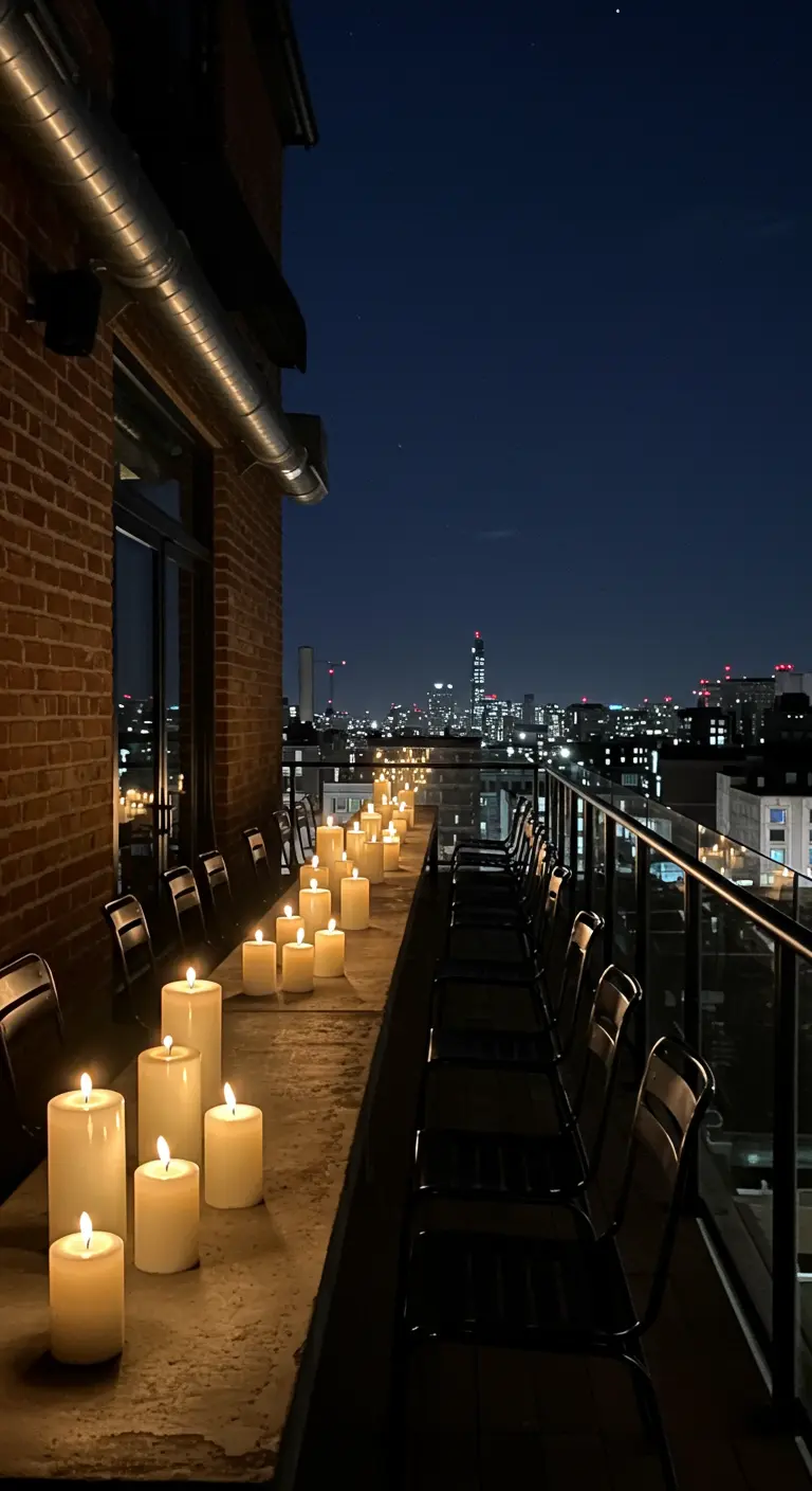 Balcón urbano con una larga mesa de cemento cubierta de velas encendidas por la noche.