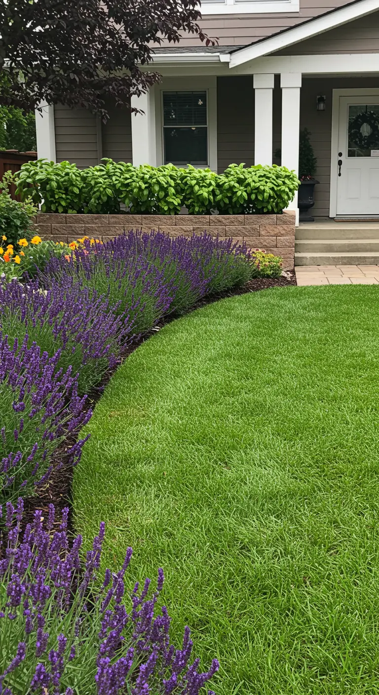 Bordura curva y densa de lavanda en flor separando el césped de un arriate elevado con albahaca
