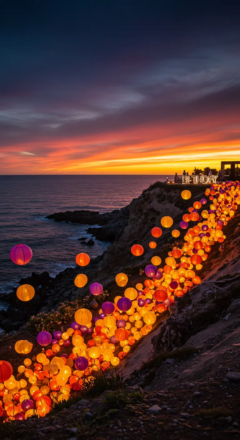 Camino en un acantilado al atardecer cubierto con cientos de lámparas de papel encendidas.
