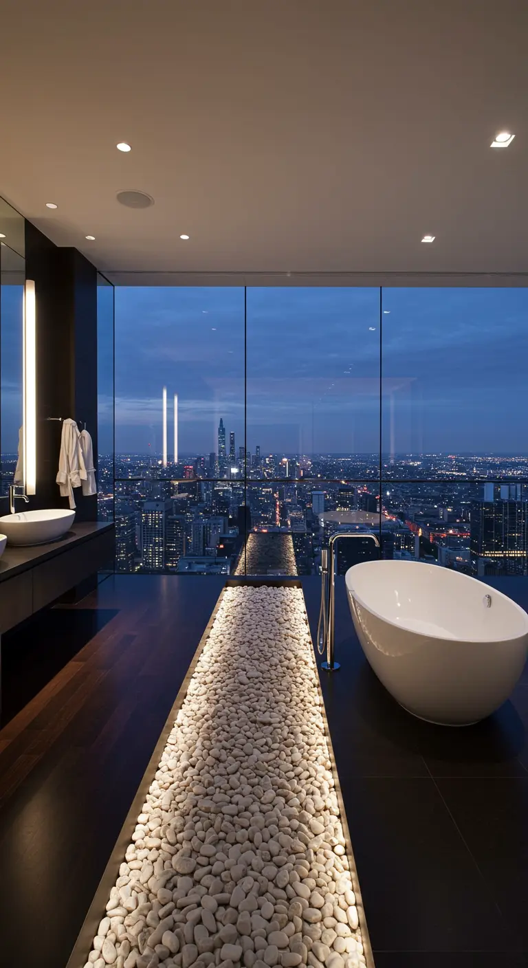 Baño de lujo con vistas a la ciudad y un camino de piedras blancas iluminado hacia la bañera.