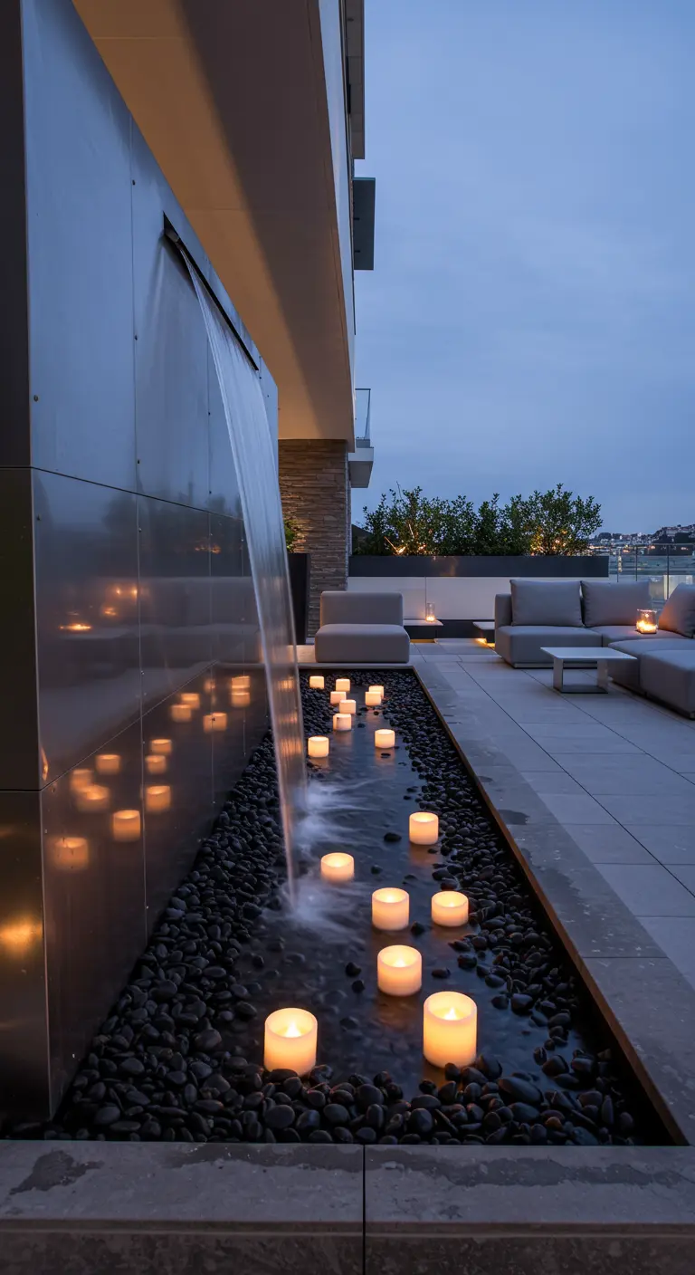 Terraza moderna con un canal de agua con piedras negras, una cascada y velas flotantes alineadas