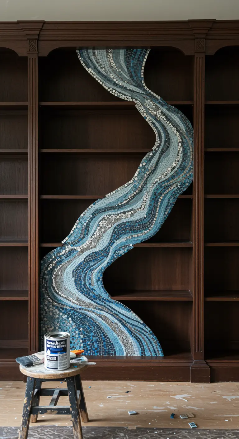 Estantería de madera oscura con un mosaico serpenteante que simula un río en tonos azules y grises.