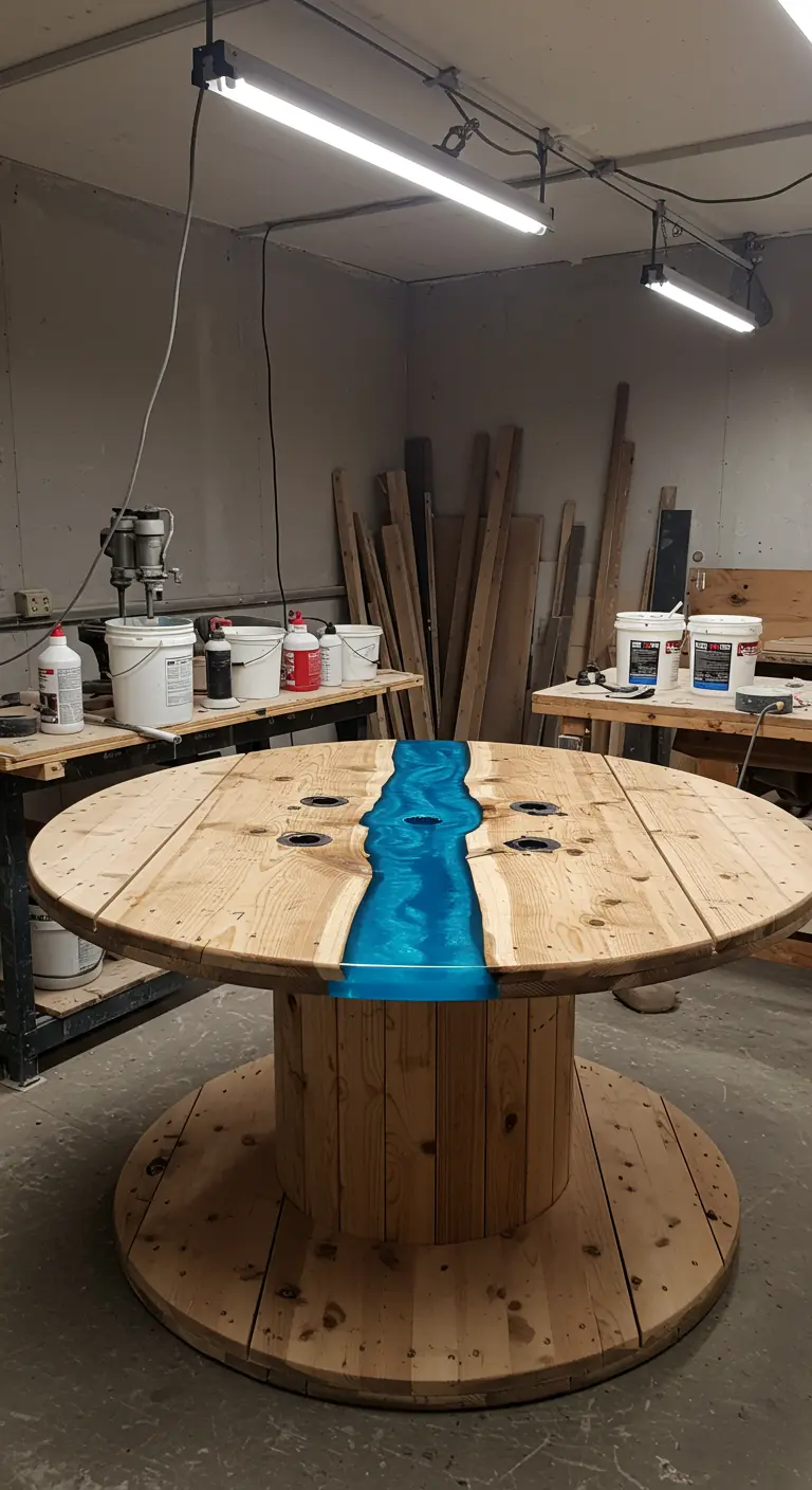 Mesa de carrete de cable con un río de resina epoxi azul brillante en el centro.