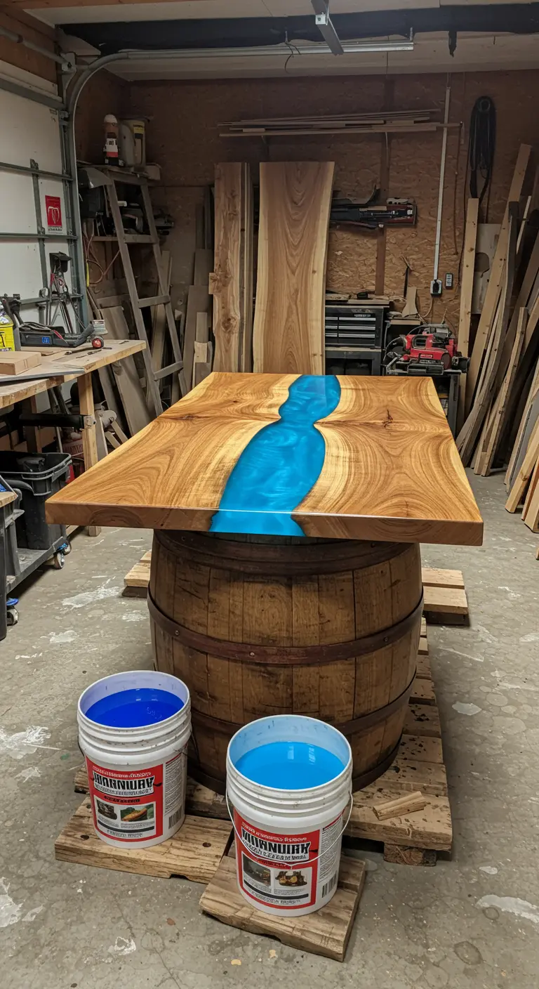 Espectacular mesa de madera con un 'río' de resina epoxi azul brillante sobre una base de barril