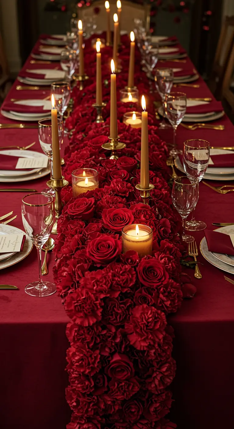 Larga mesa de comedor con un exuberante camino hecho de cientos de flores rojas y velas altas.