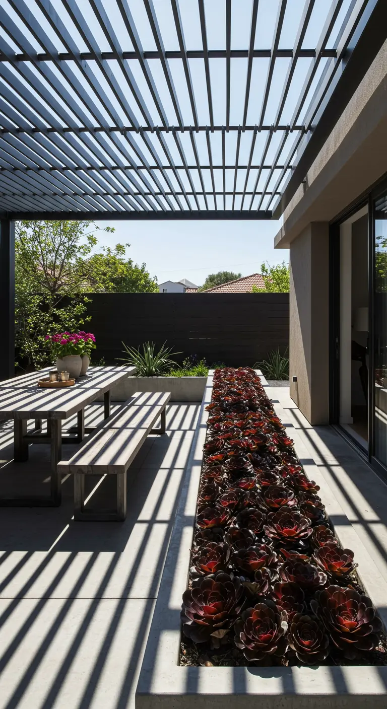 Patio con pérgola de lamas, mesa de comedor de madera y una jardinera larga llena de suculentas oscuras