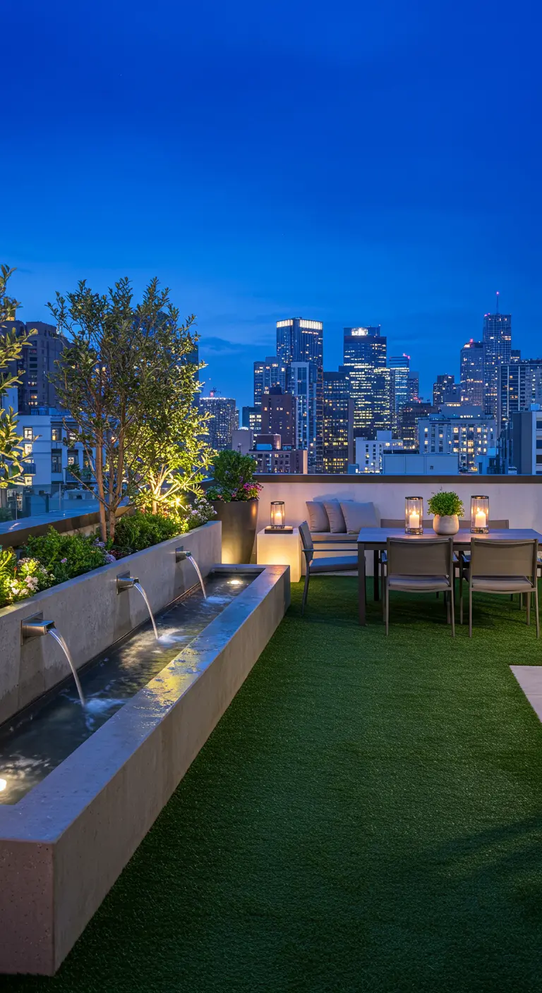 Terraza en una azotea con una fuente larga de hormigón y vistas a la ciudad de noche.