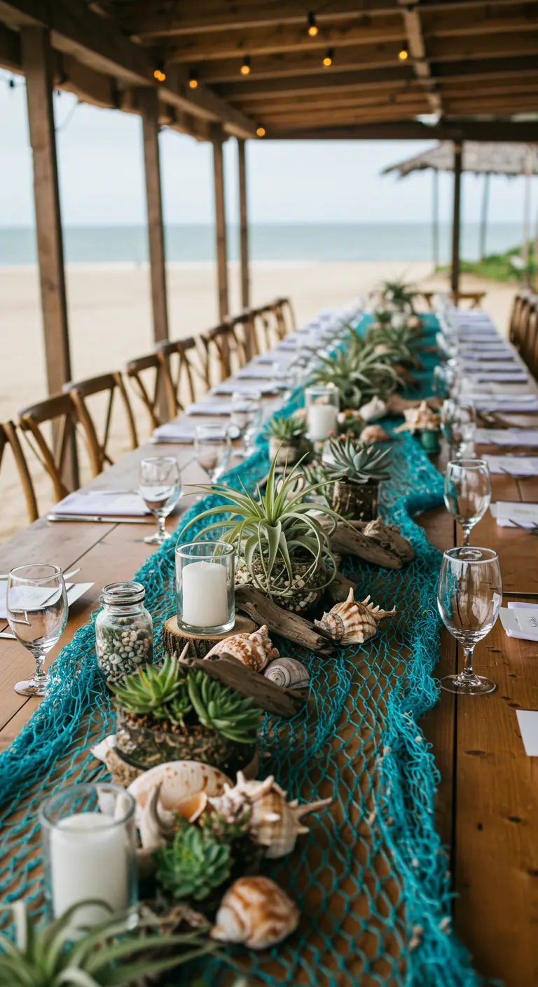 Camino de mesa de boda hecho con red turquesa, suculentas, velas y conchas.