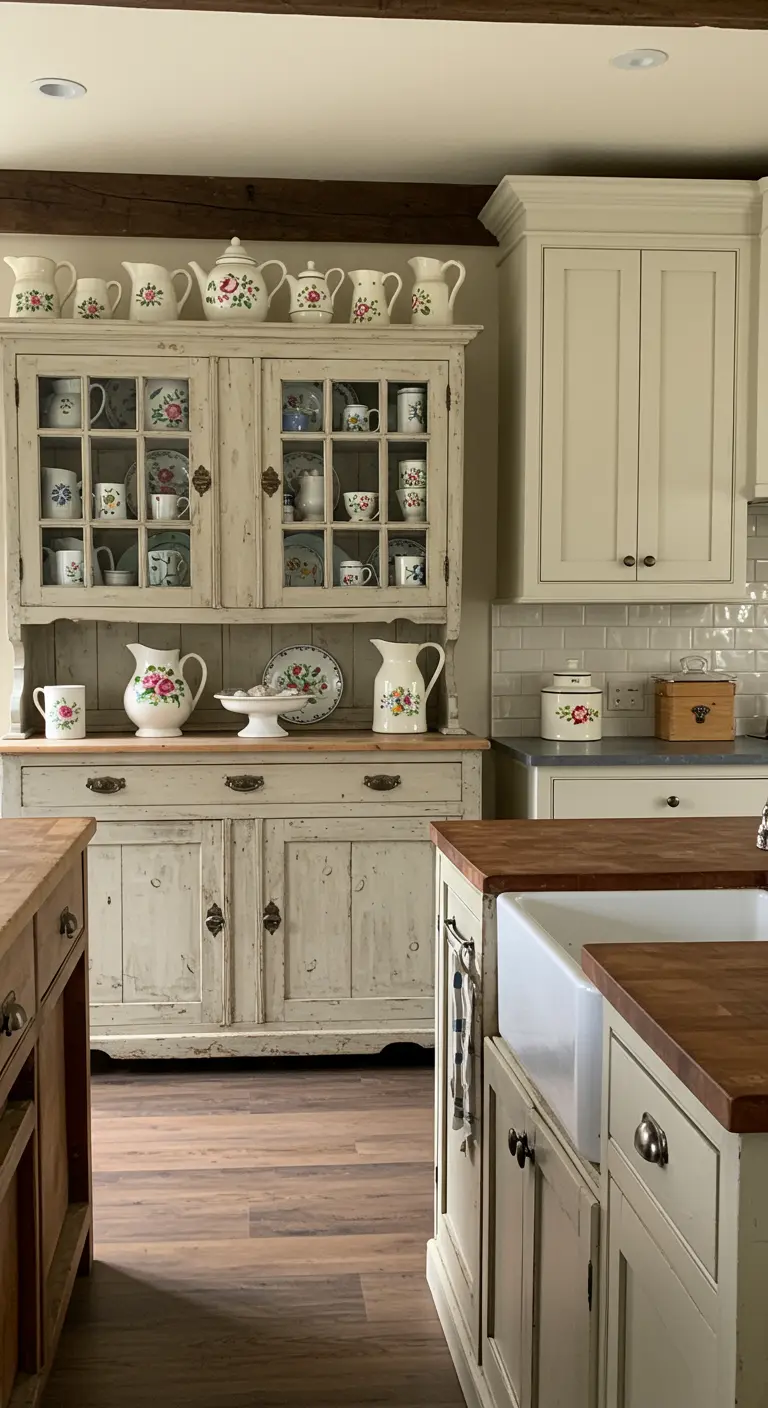 Aparador vintage de color crema con puertas de cristal, exhibiendo una colección de vajilla floral.