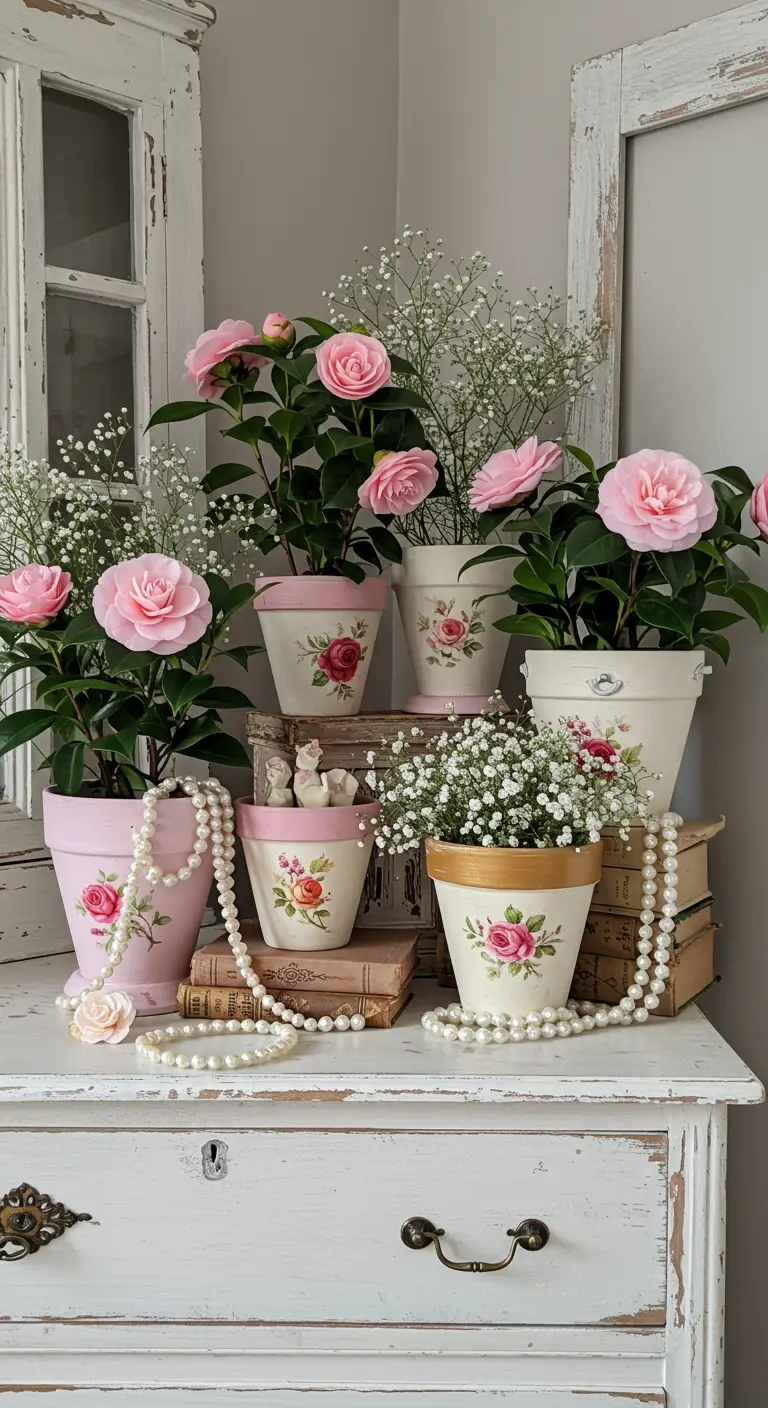 Composición de macetas vintage con rosas pintadas y collares de perlas sobre una cómoda blanca.