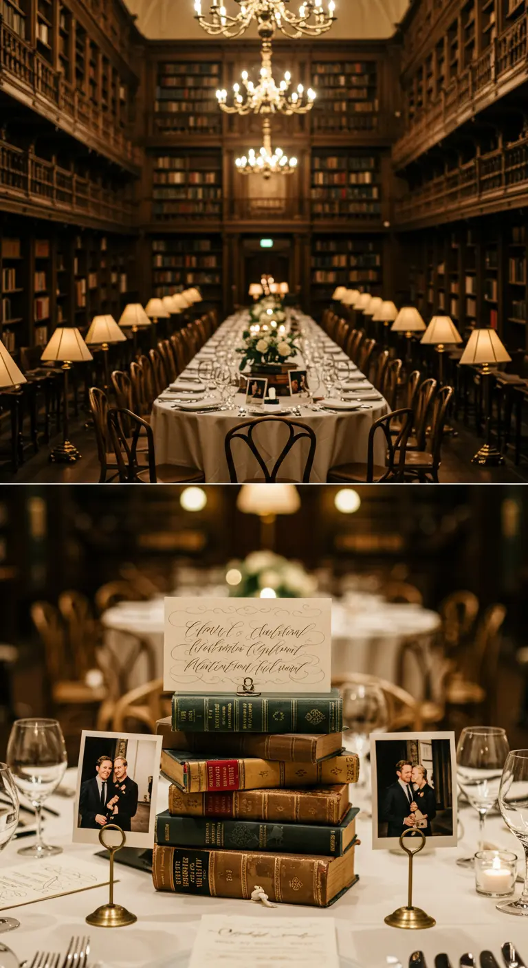 Centro de mesa con una pila de libros antiguos, fotos y una tarjeta con caligrafía.