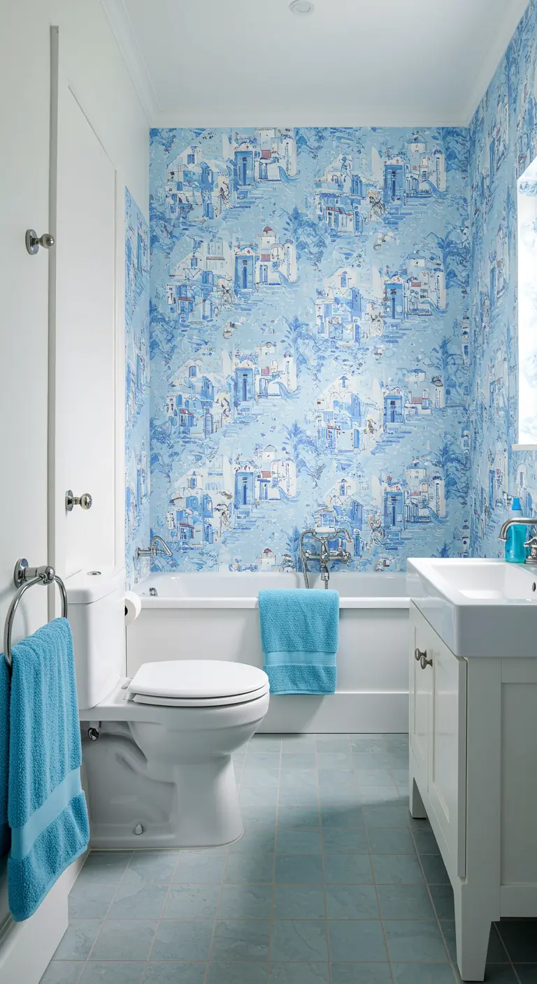 Baño pequeño con papel pintado de estilo Toile de Jouy que representa pueblos mediterráneos