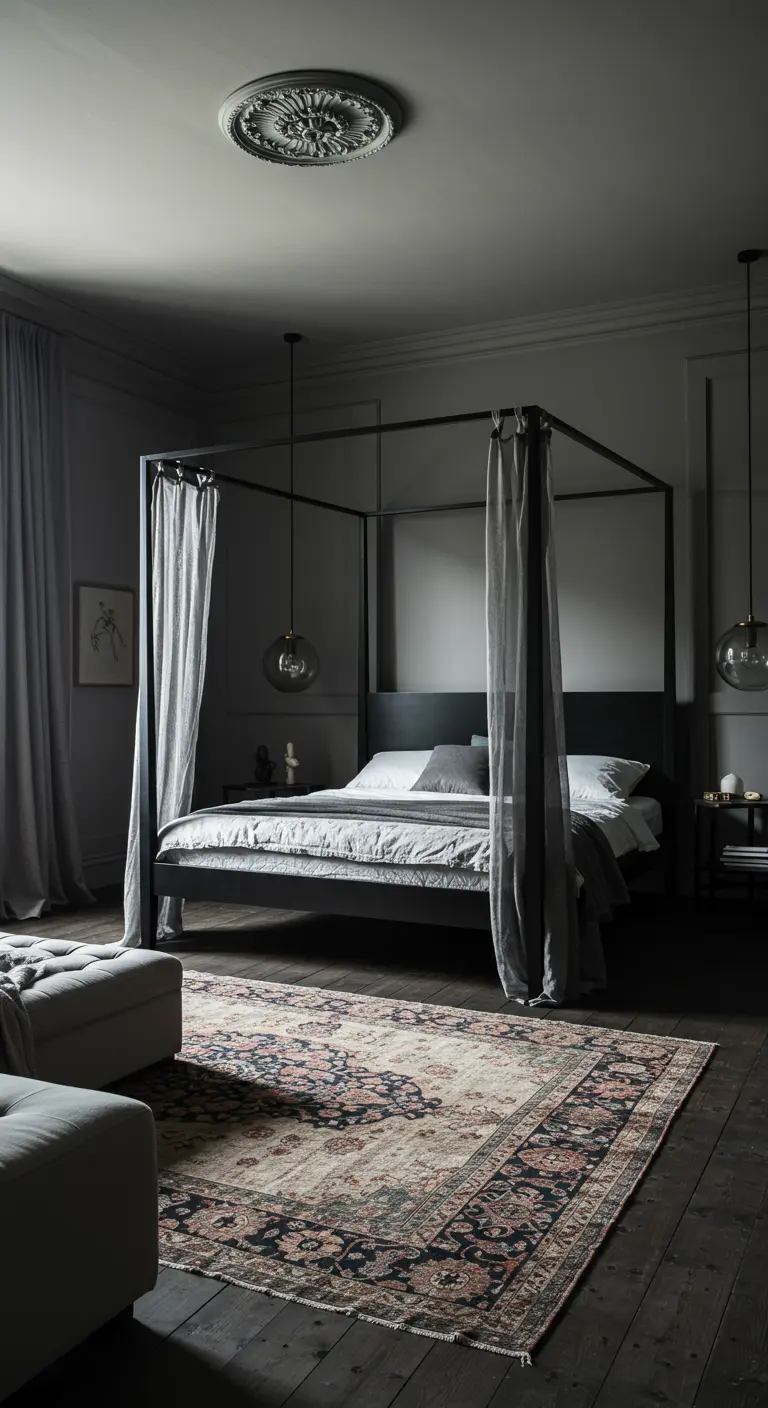 Dormitorio elegante con cama con dosel negra, paredes grises y alfombra persa.