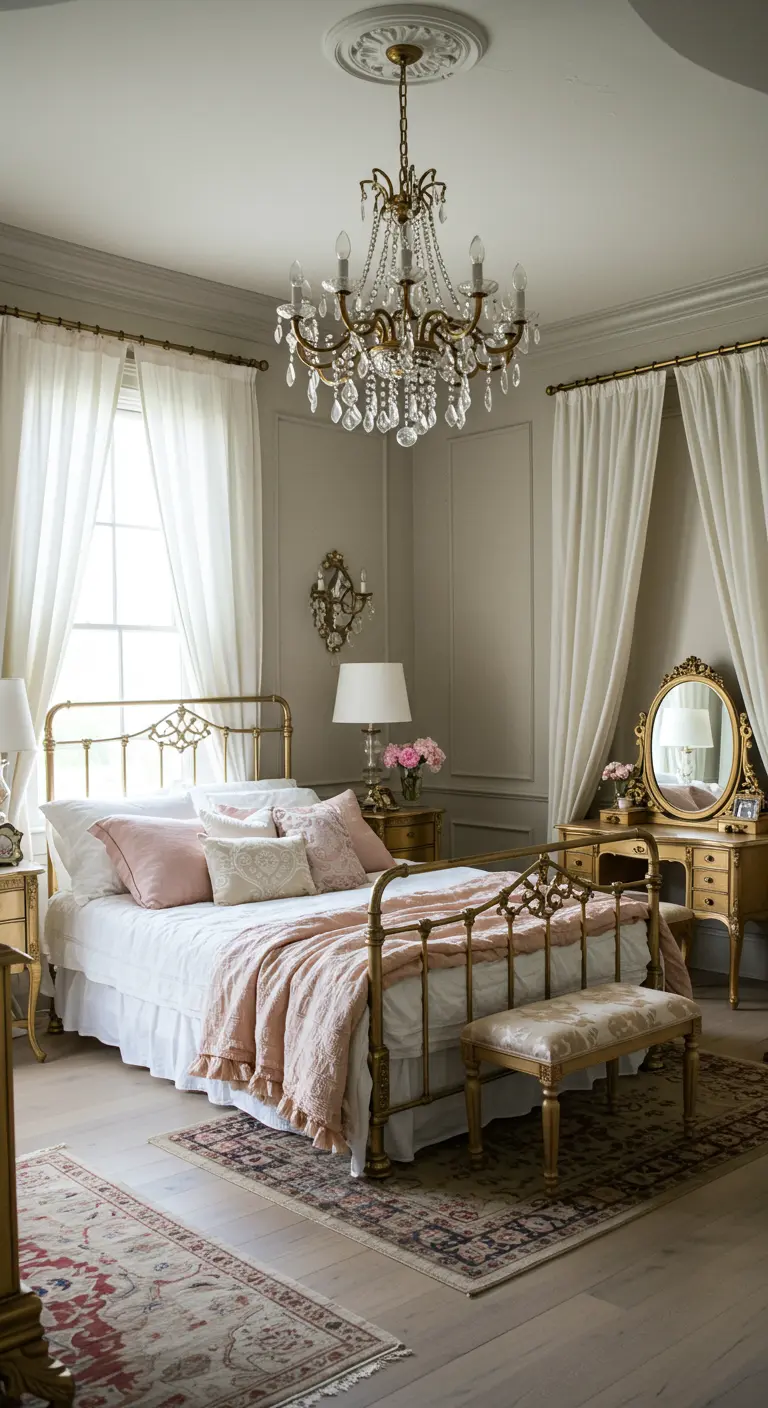 Dormitorio de estilo vintage con una cama de latón ornamentada, textiles rosas y una araña de cristal.