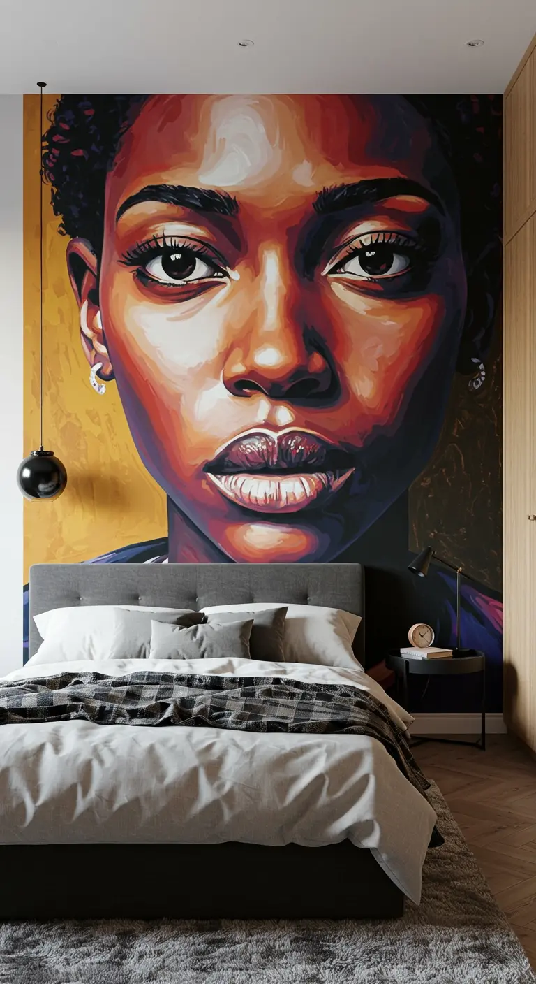 Mural gigante de un retrato femenino muy expresivo y colorido, ocupando toda la pared del cabecero.