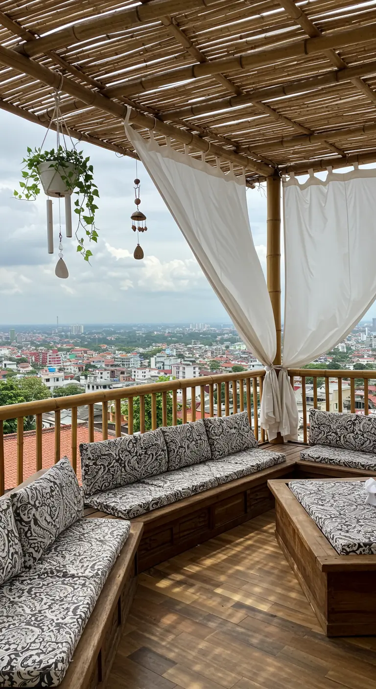 Balcón con bancas de madera en L, cojines estampados y techo de bambú.