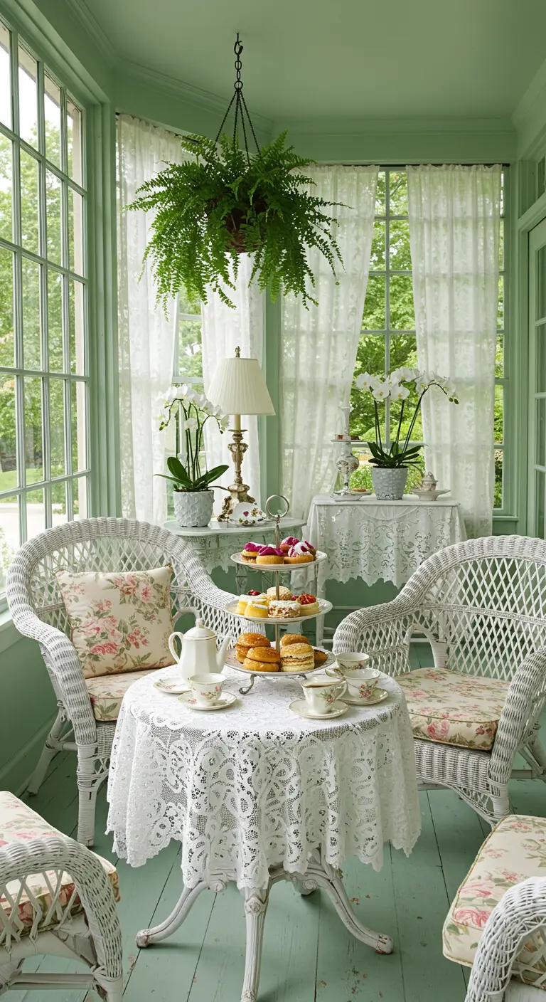 Salón de té de estilo romántico en un porche pintado de verde menta con muebles de mimbre blanco.