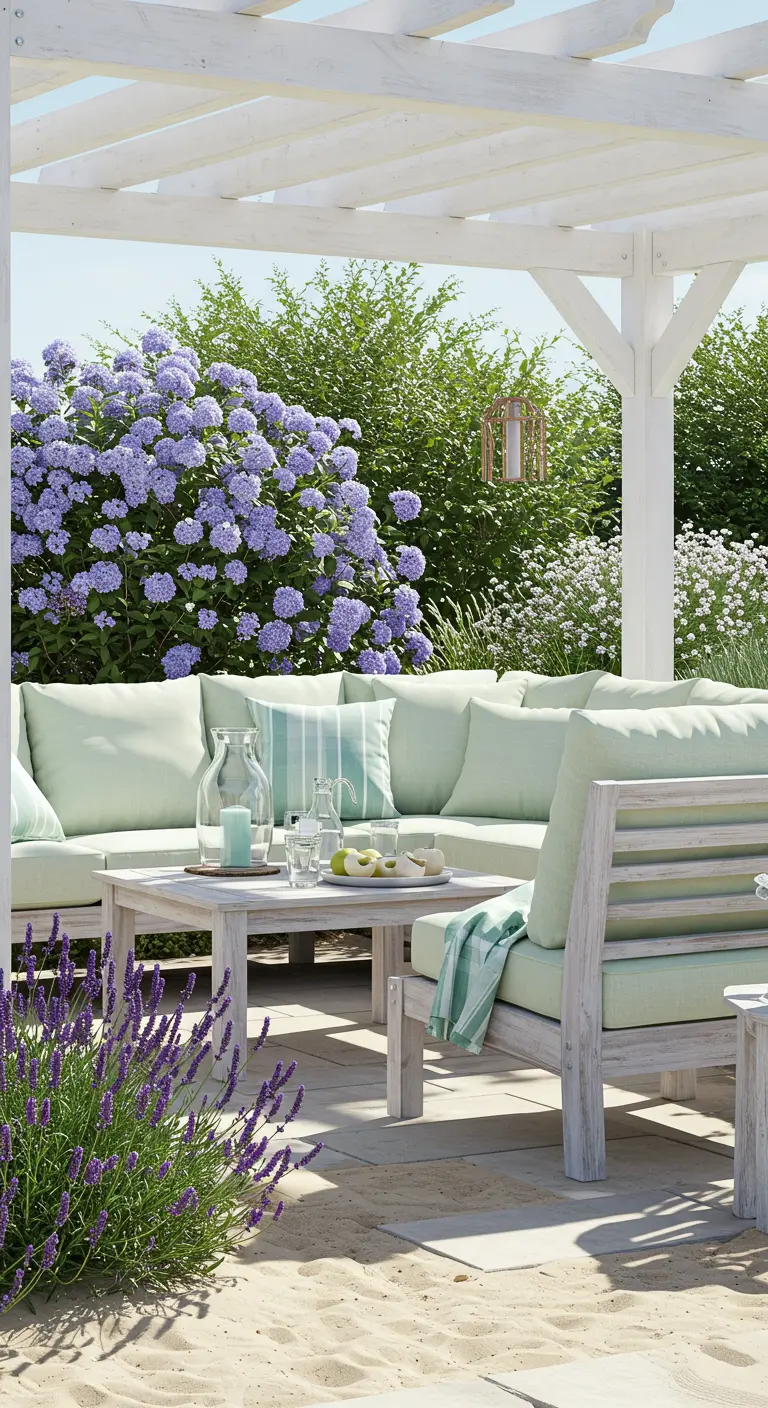 Pérgola de madera blanca con un gran sofá esquinero con cojines verde menta sobre una base de arena.
