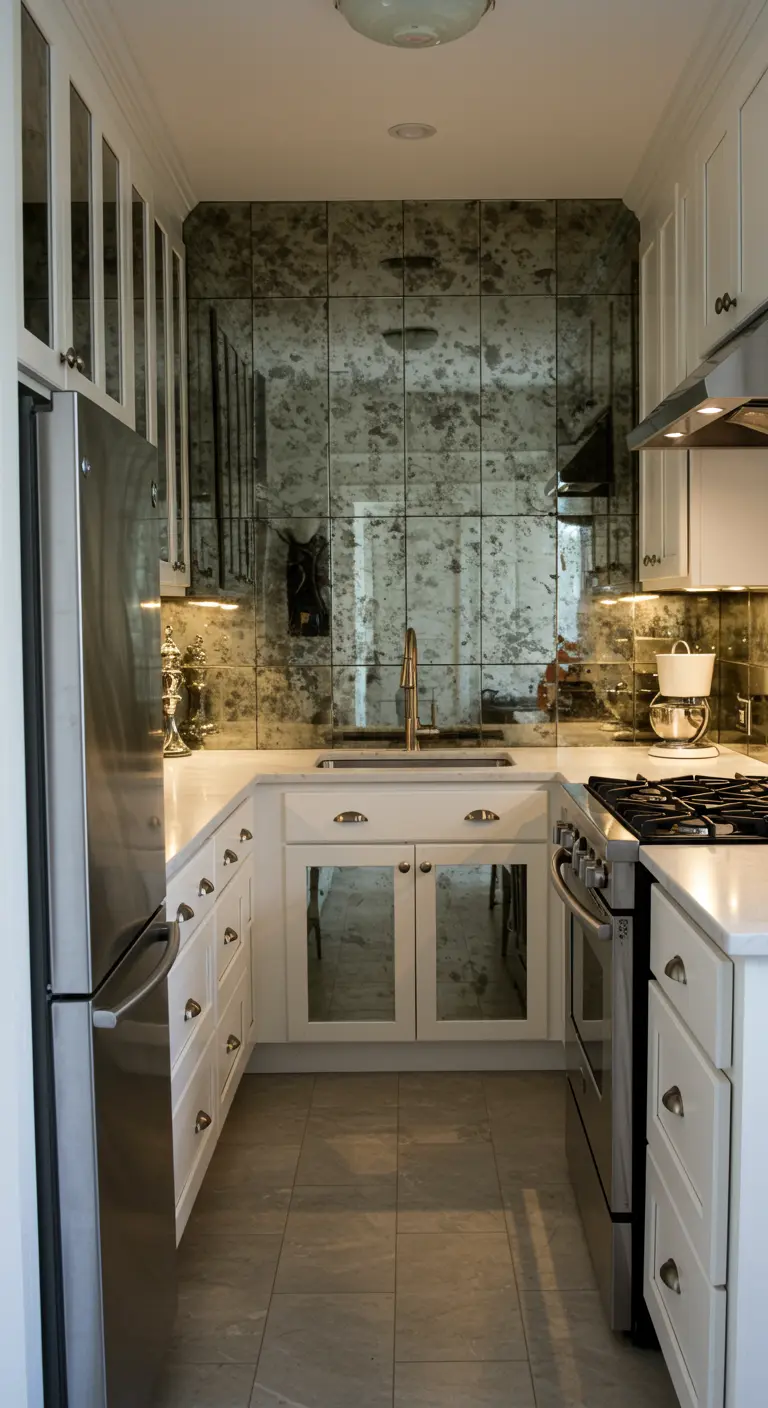 Salpicadero de cocina hecho con azulejos de espejo envejecido en una cocina blanca